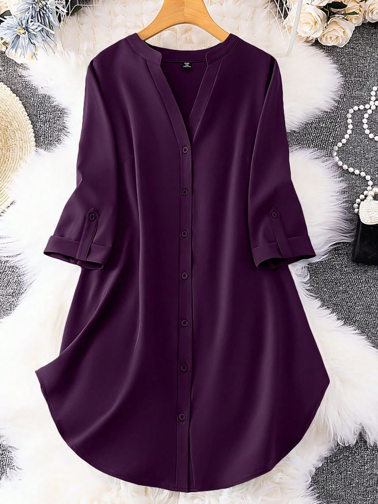 Plus Size Notched V-Neck Solid Color Single-Breasted Casual Shirt
