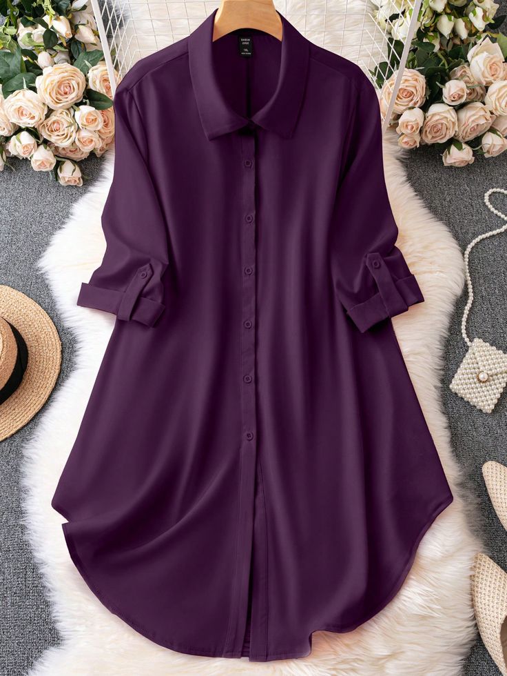 Plus Size Solid Color Button Front Dress With Curved Hem