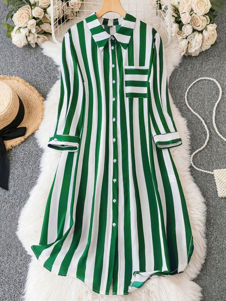 Plus Size Striped & Printed Button-Front Shirt With Turn Down Collar