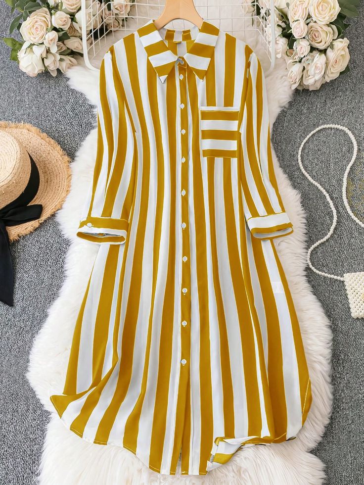 Plus Size Striped Patchwork Shirt With Pocket