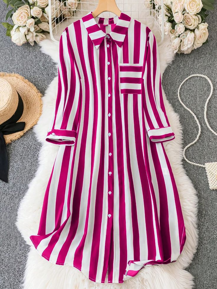 Plus Striped Print Pocket Patched Blouse