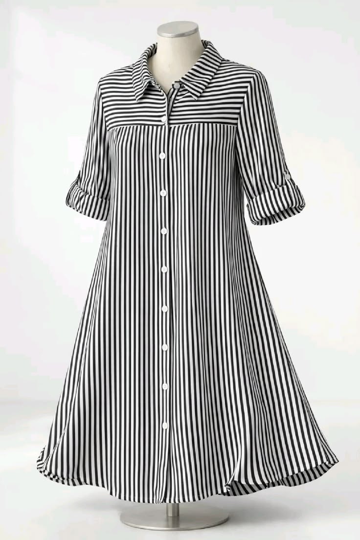 Sheetal Associates Black & White Vertical Striped Shirt Dress