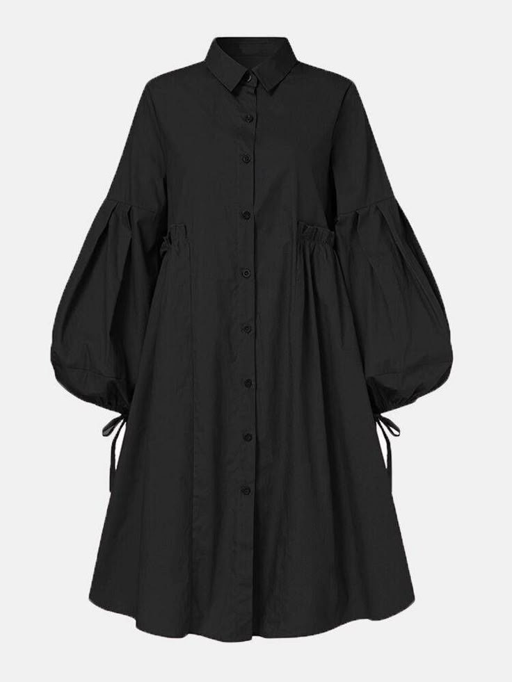 Solid Color Button Puff Sleeve Casual Dress