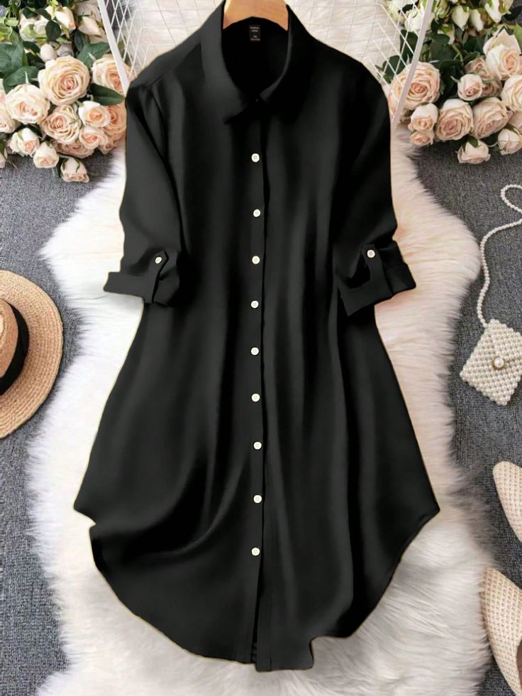 Solid Color Roll-Up Sleeve Button-Front Shirt Dress