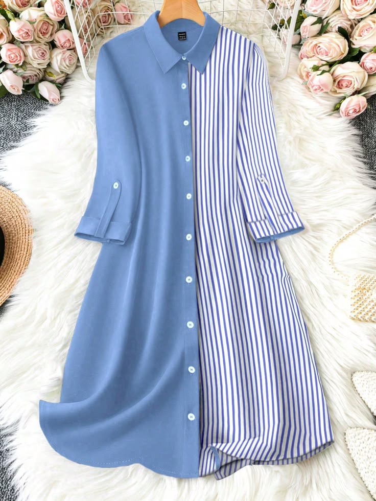 Striped Patchwork Roll Sleeve Shirt Dress