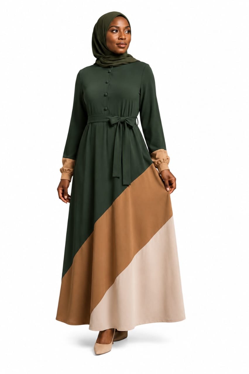 Colour-Block Belted A-Line Abaya Dress (Olive)