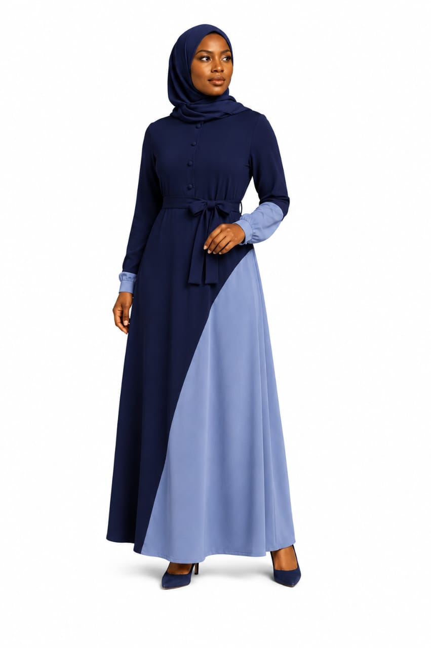 Colour-Block Belted A-Line Abaya Dress (Navy)