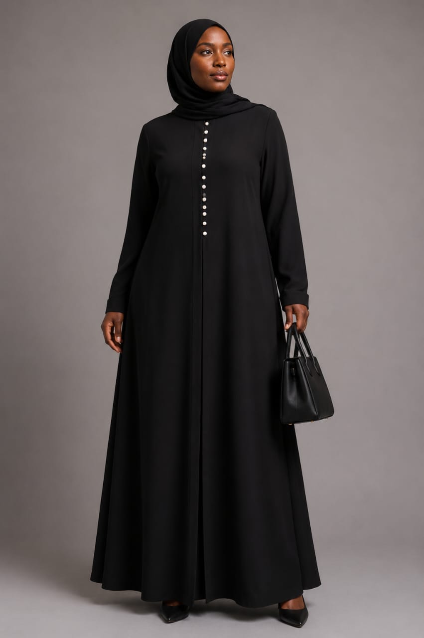 Pearl-Button A-Line Abaya Dress