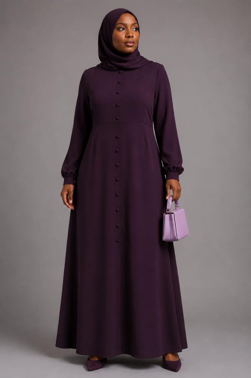Button-Front A-Line Abaya Dress (Plum)