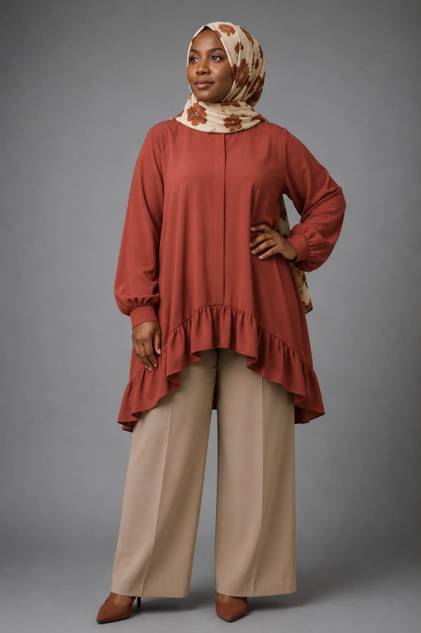 Ruffle-Hem Tunic with Pants (Rust)